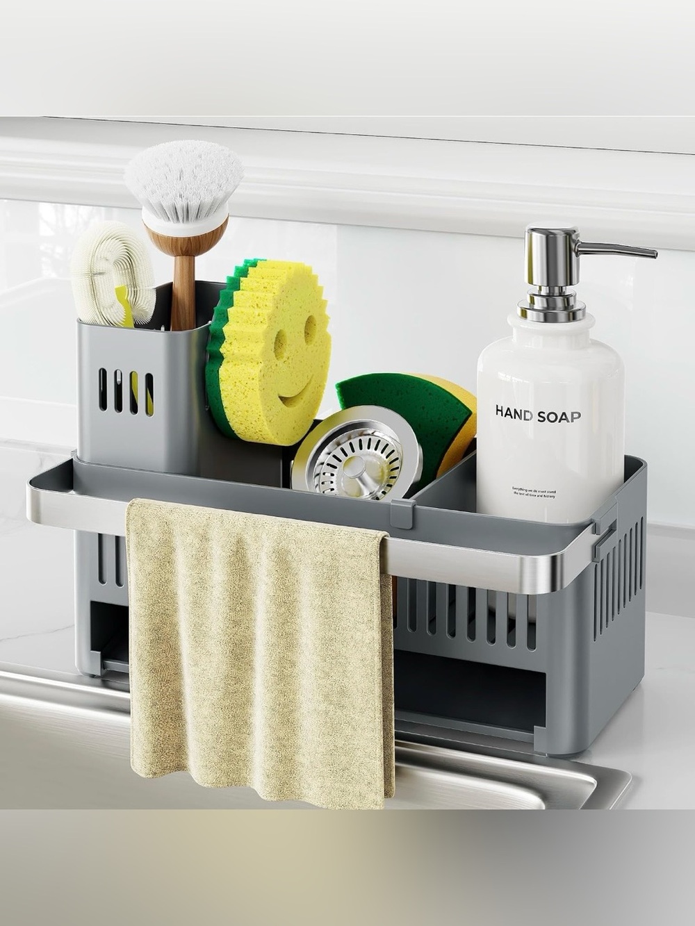 Nieifi Sponge Holder, Grey Rustproof ABS Sink Caddy with Towel Rack
